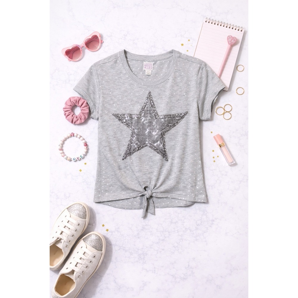 Girls Gray Canyon River Blues Sequins Star Tie Front T Shirt Top Kids XL 18
